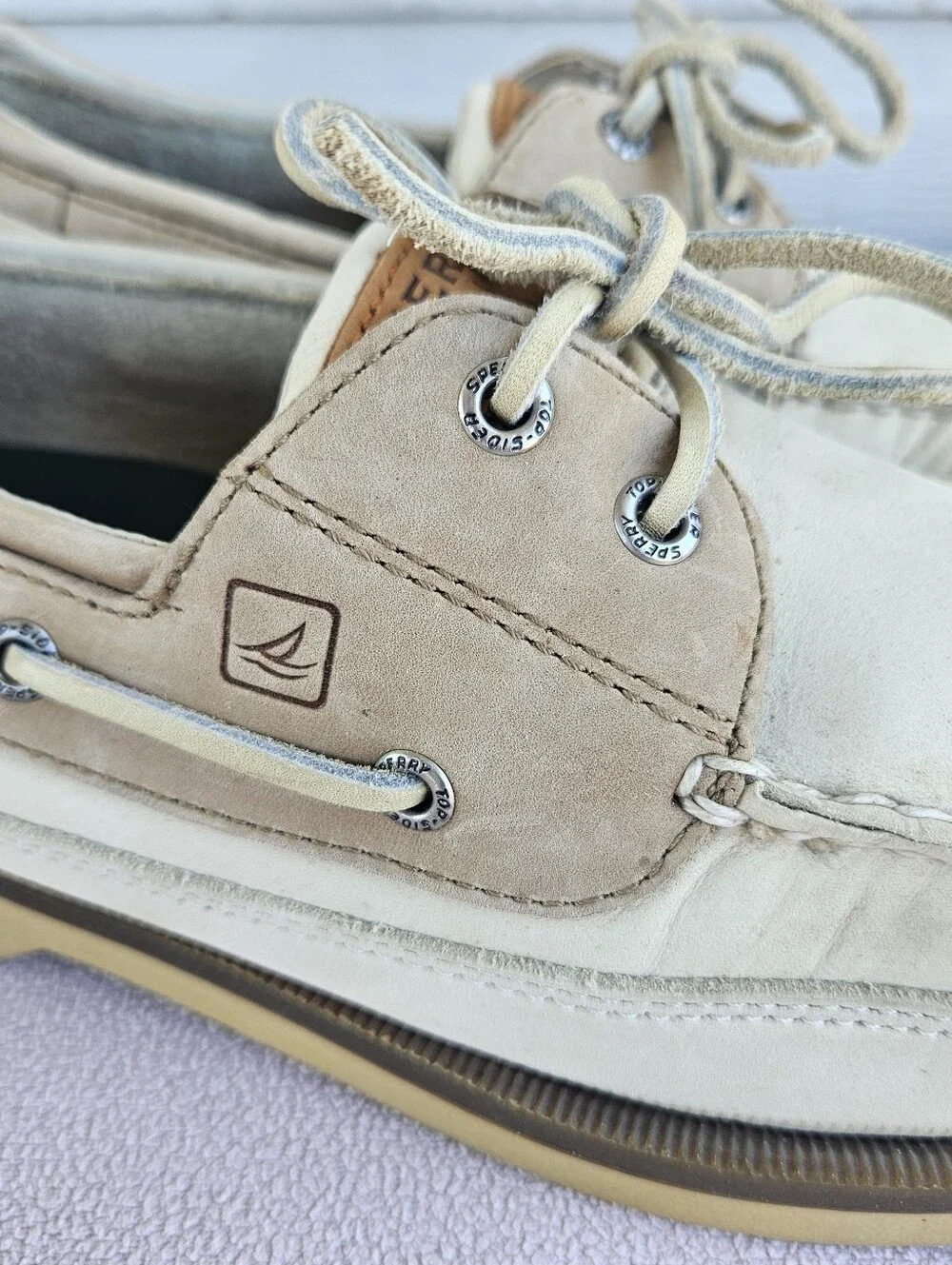 Sperry Mako 2-Eye Boat Shoes Loafer Men SZ 12 Beige Cream Suede Leather 0768101